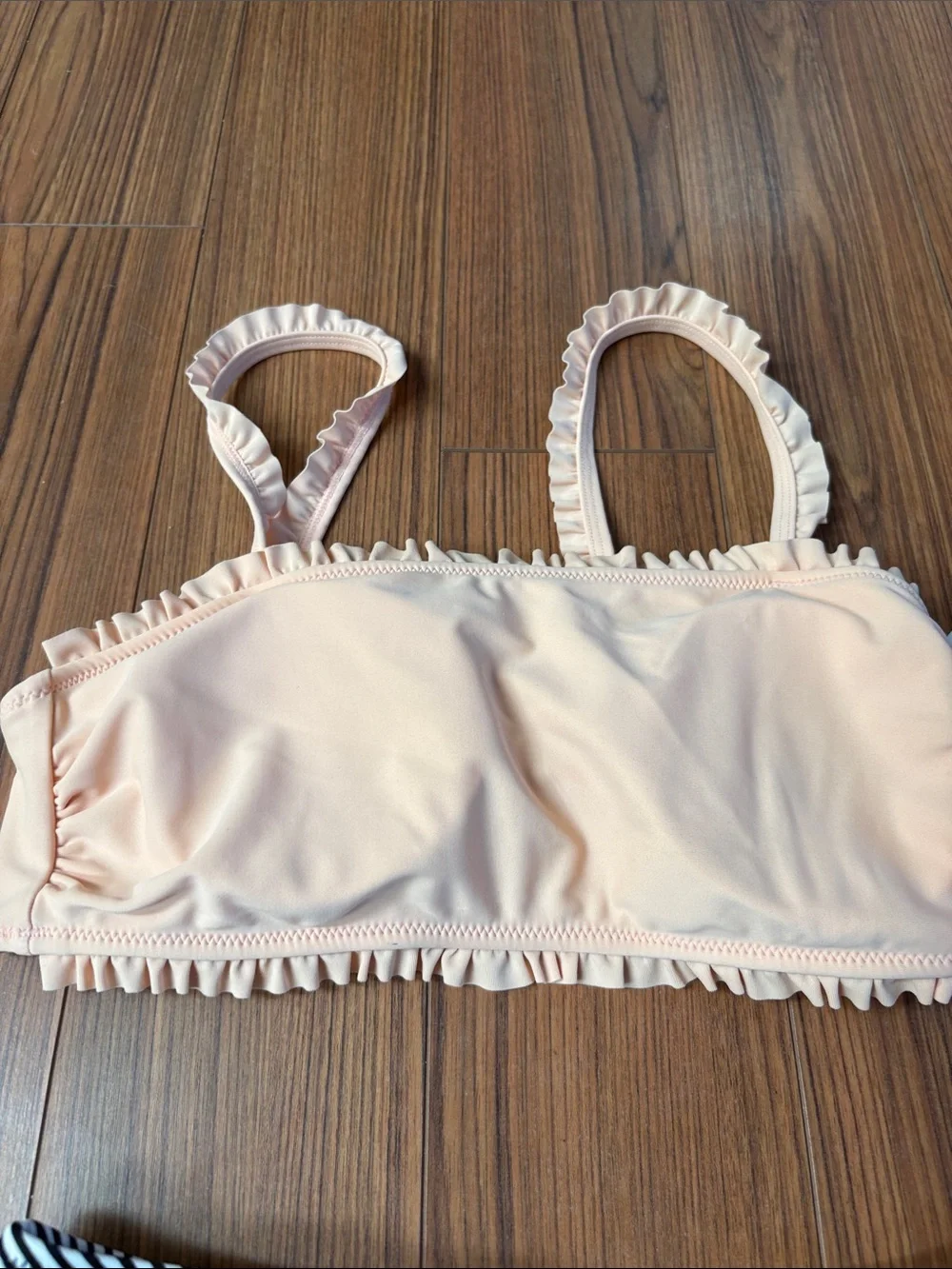 Cupshe Peach Ruffle Bandeau Top with Black & White Striped High-Waist Bottom
